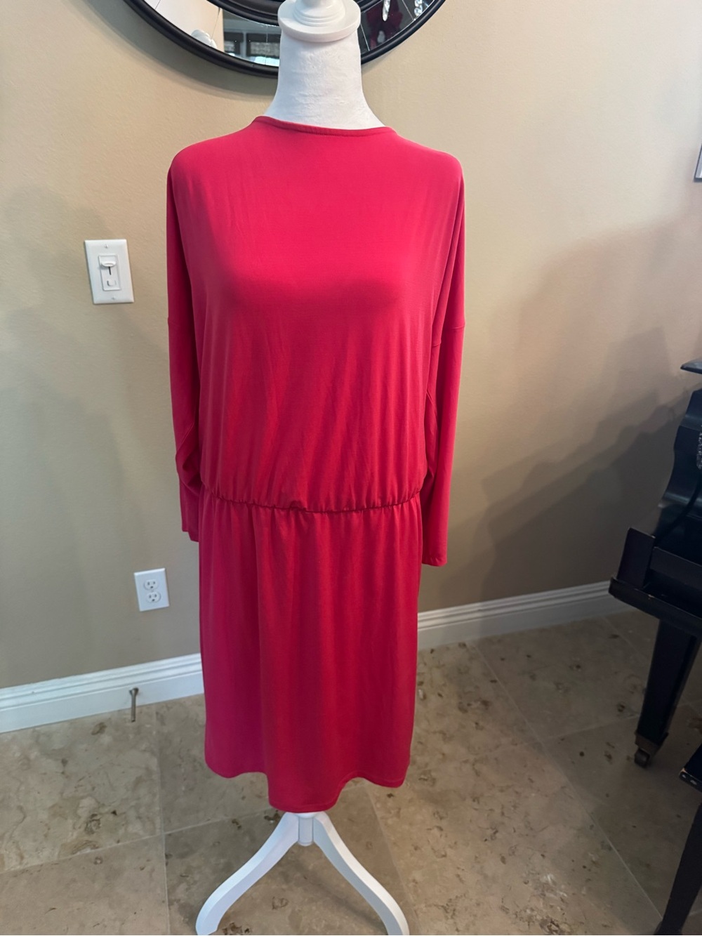 Eloquii Pink-Red Long-Sleeve Elastic-Waist Midi Dress